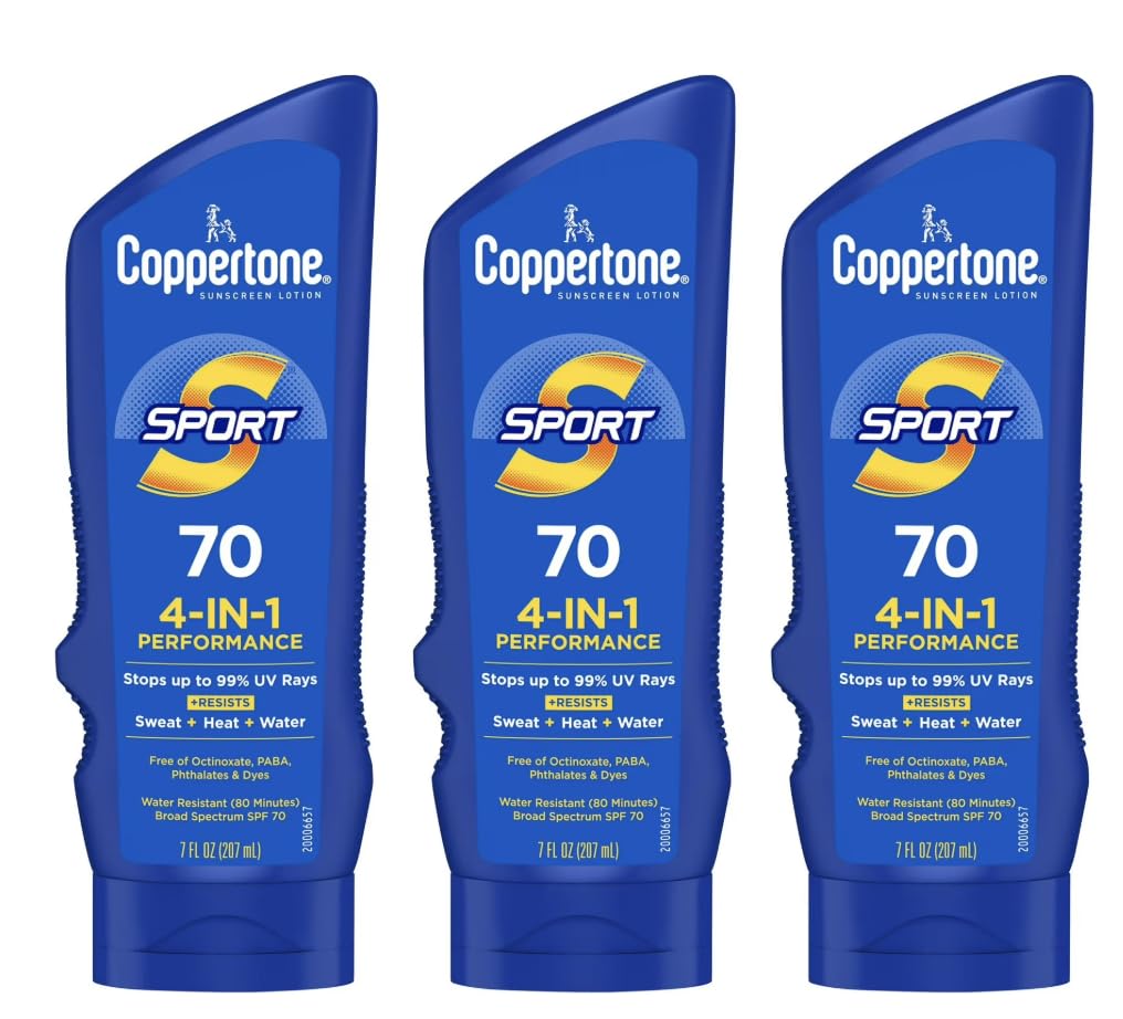Coppertone Sport 4-in-1 Performance Sunscreen Lotion, Broad Spectrum SPF 70, Water Resistant and Sweat Resistant, 7 fl oz (Pack of 3) Beauty & Personal Care Coppertone
