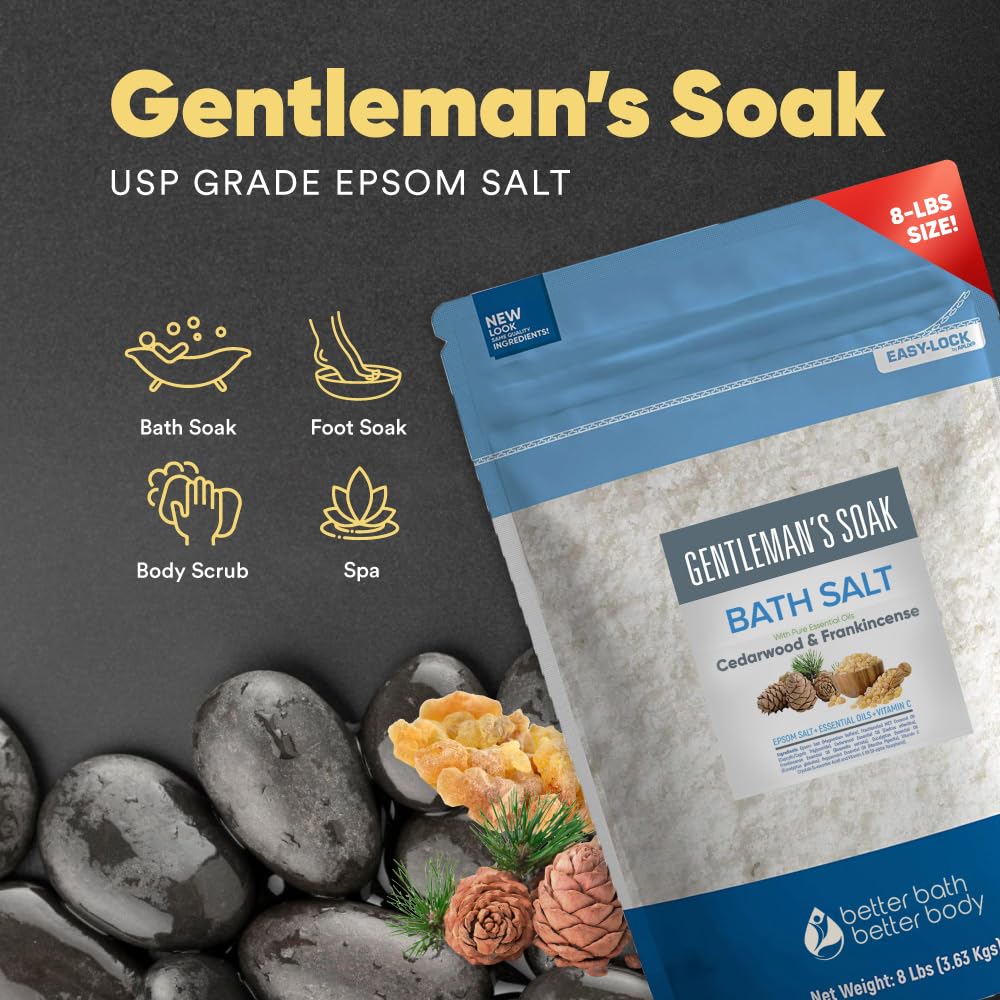Gentleman's Bath Salt 128 Ounces Epsom Salt with Natural Cedarwood, Frankincense, Eucalyptus and Peppermint Essential Oils Plus Vitamin C in BPA Free Beauty & Personal Care Better Bath Better Body