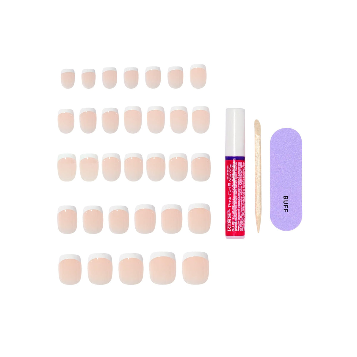 Kiss Core, Press On Nails, Nail glue included, 'Perfection', White, Petite Size, Squoval Shape, Includes 32 Nails, 2g Glue, 1 Manicure Stick, 1 Mini