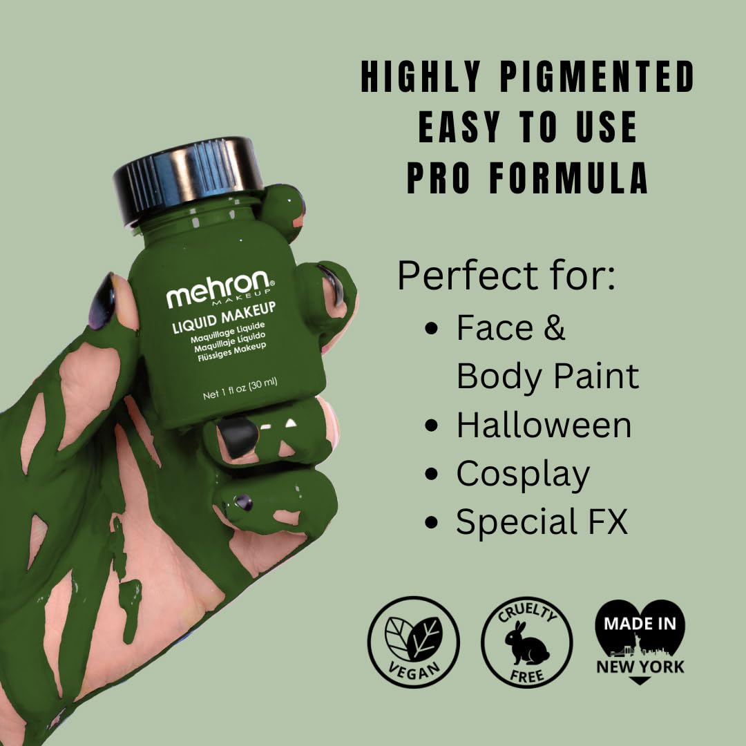Mehron Makeup Liquid Makeup | Face Paint and Body Paint Perfect for Halloween, Cosplay I Air Brush Compatible Body Paint (1 oz) (GREEN) Beauty & Personal Care Mehron