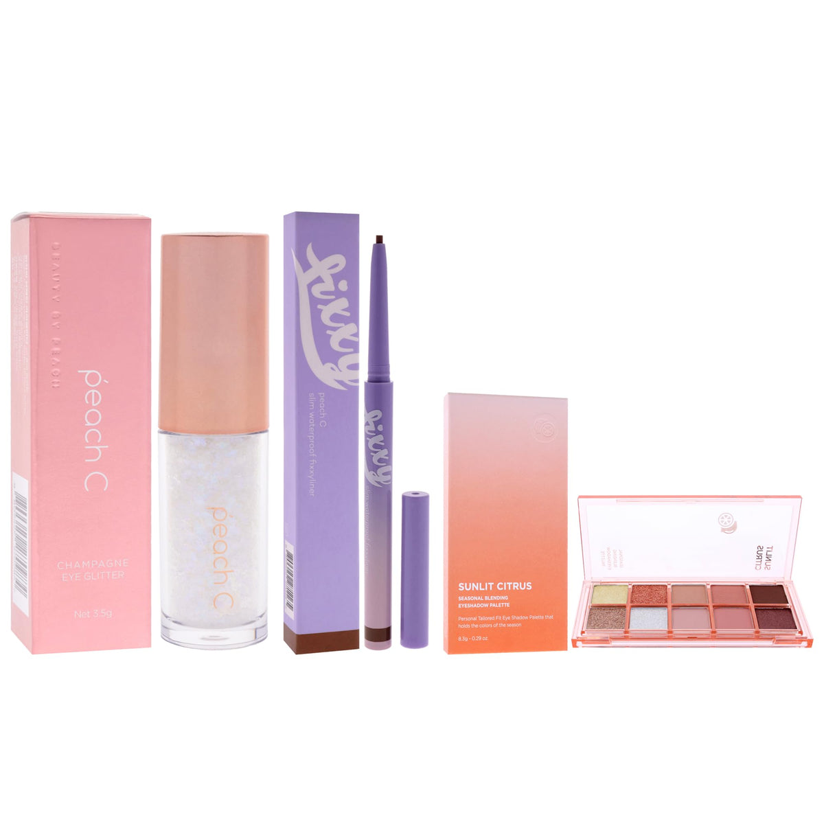 Peach C Kit by Peach C for Women - 3 Pc Kit 0.12oz Eye Shadow - 01 Pure White, 0.04 Eyeliner - 03 Soft Brown, 0.29oz Eye Shadow - 04 Sunlit Citrus