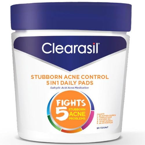 Clearasil Stubborn Acne Control 5in1 Daily Facial Cleansing Pads, 90 Count (Packaging May Vary) (Pack of 8) Beauty & Personal Care Clearasil