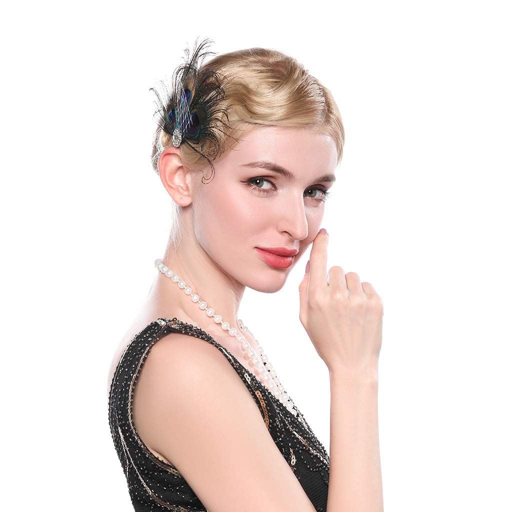 Aimimier 1920s Flapper Peacock Feather Hair Clip Crystal Hair Piece Vintage Roaring 20s Prom Party Festival Hair Accessories for Women Beauty & Personal Care Aimimier