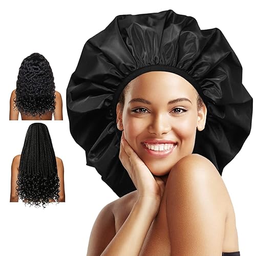 Auban Extra Large Shower Cap, Double-Layer Waterproof Reusable, XL Satin Lining Shower Bonnet for Women Thick, Long Hair, Locs, Braids(Black) Beauty & Personal Care Auban