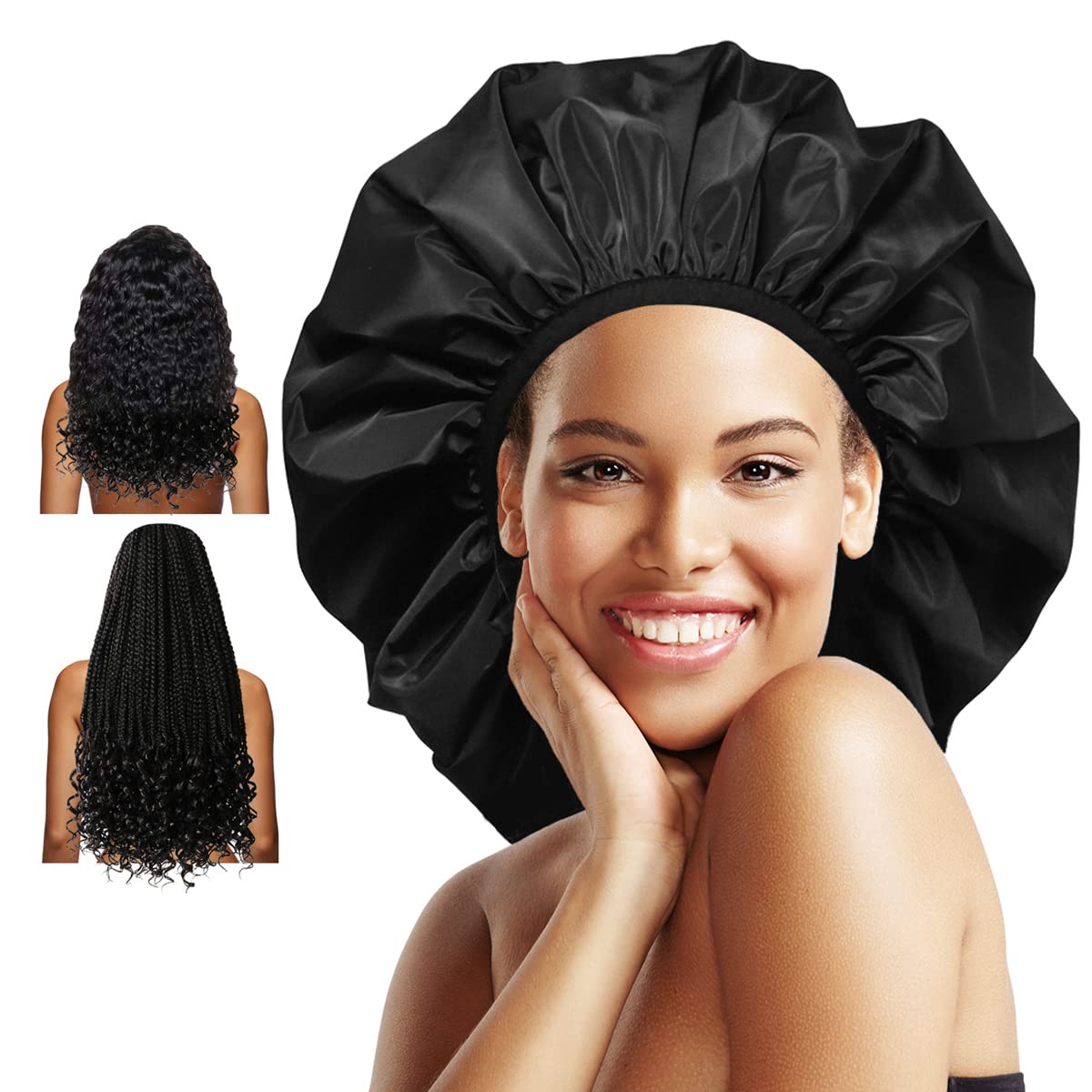 Auban Extra Large Shower Cap, Double-Layer Waterproof Reusable, XL Satin Lining Shower Bonnet for Women Thick, Long Hair, Locs, Braids(Black) Beauty & Personal Care Auban