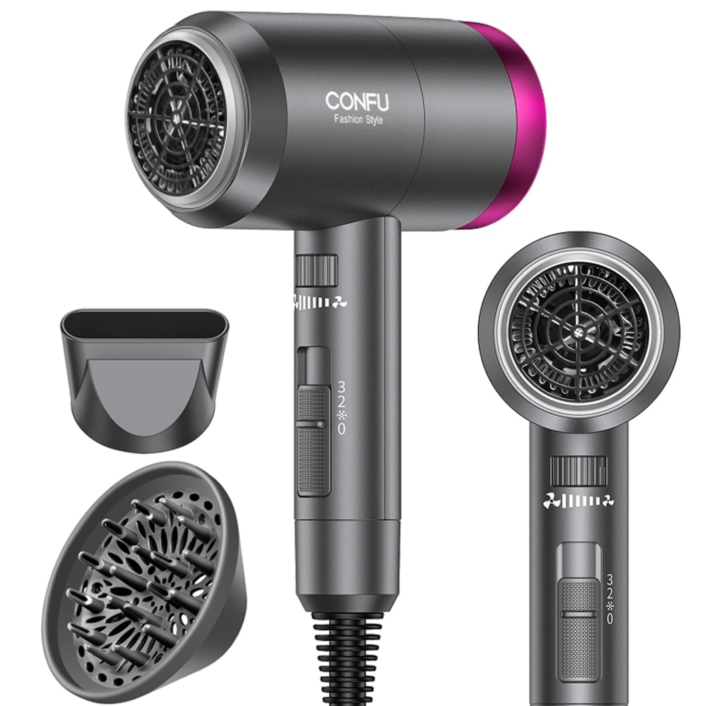 CONFU Ionic Blow Dryer 1600W, Portable Lightweight Fast Drying Negative Ion Hairdryer Blowdryer, 3 Heat Settings & Infinity Speed, with Diffuser Beauty and Personal Care CONFU