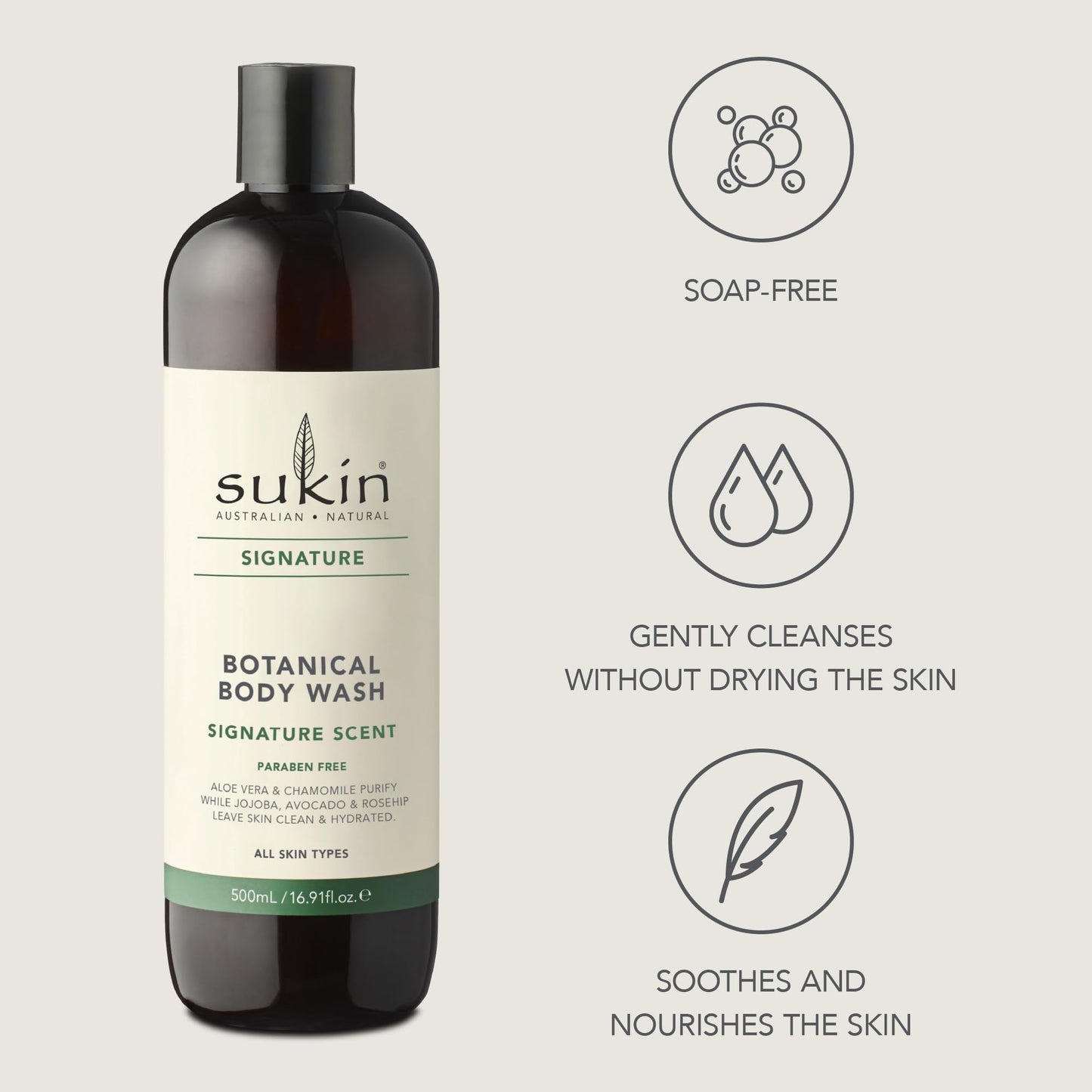 Sukin Signature Body Wash - Soap-Free Botanical Shower Gel with Moisturizing Rosehip, Jojoba, and Avocado Oils + Soothing Aloe Vera and Chamomile Beauty & Personal Care Sukin