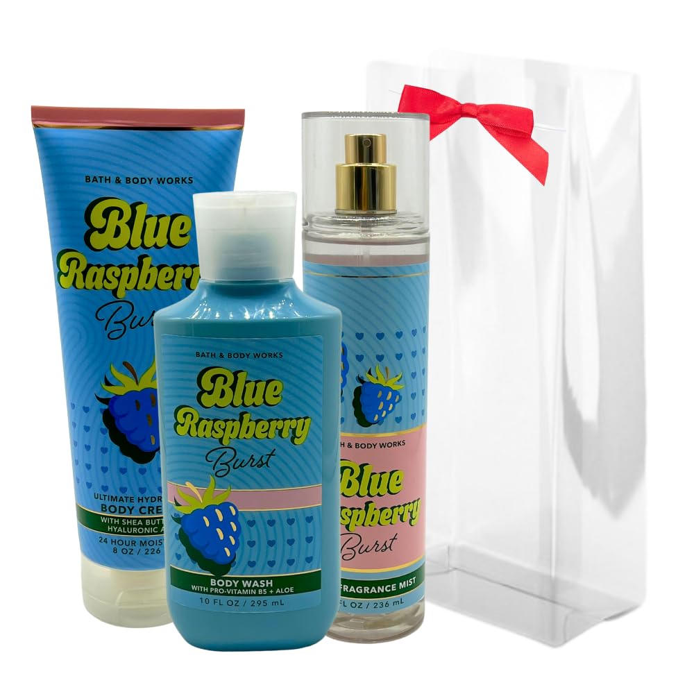 Bath & Body Works BLUE RASPBERRY BURST Fine Fragrance Mist, Ultimate Hydration Body Cream & Body Wash 3-piece Gift Set with a Red Bow for Holidays Beauty and Personal Care Bath & Body Works