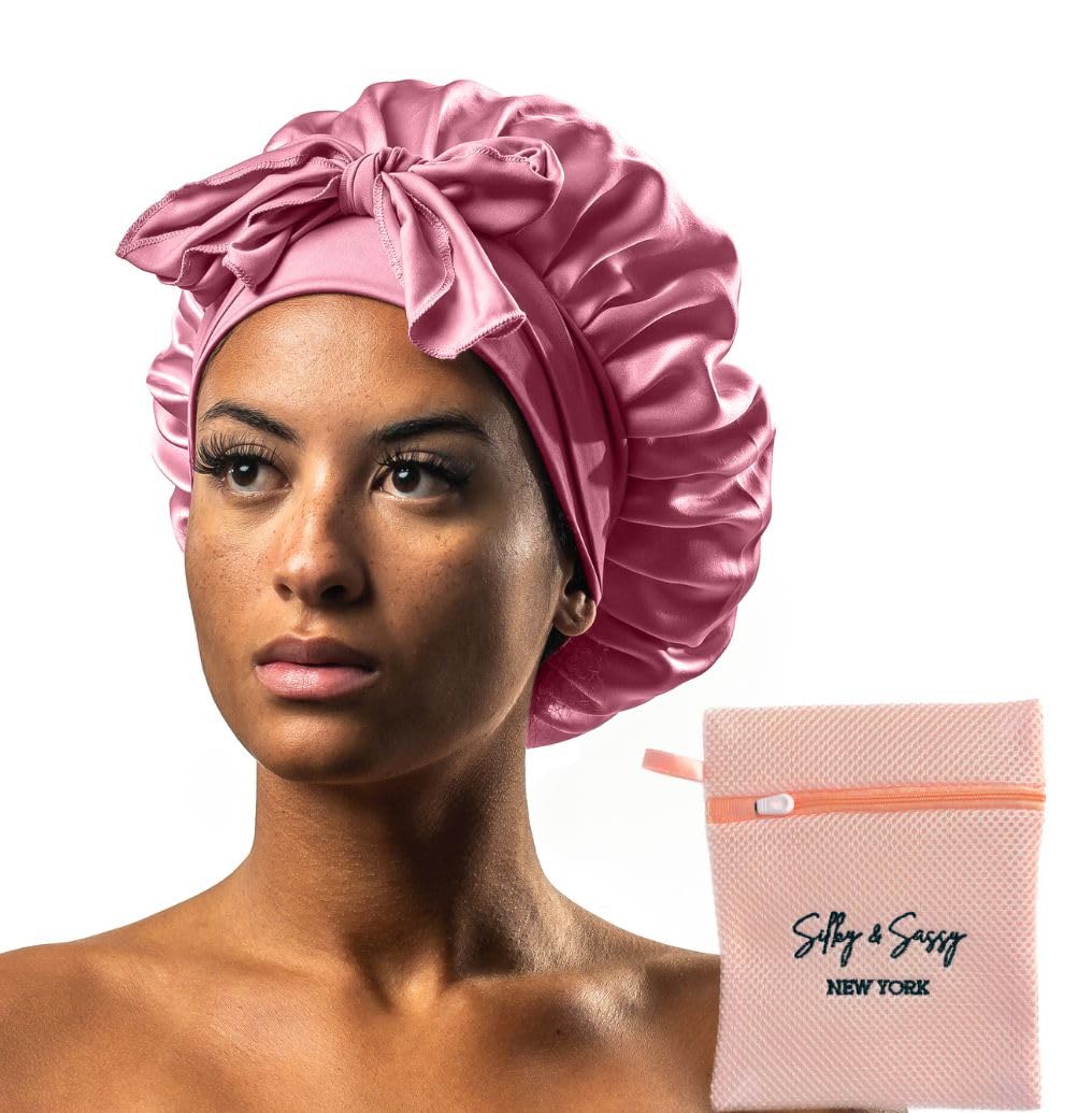 Silky & Sassy Large Satin Bonnet With Laundry Bag - Double Layer Silk Sleep Cap for Women, Curly Hair - Adjustable Tie Band - Pink Beauty & Personal Care Silky & Sassy