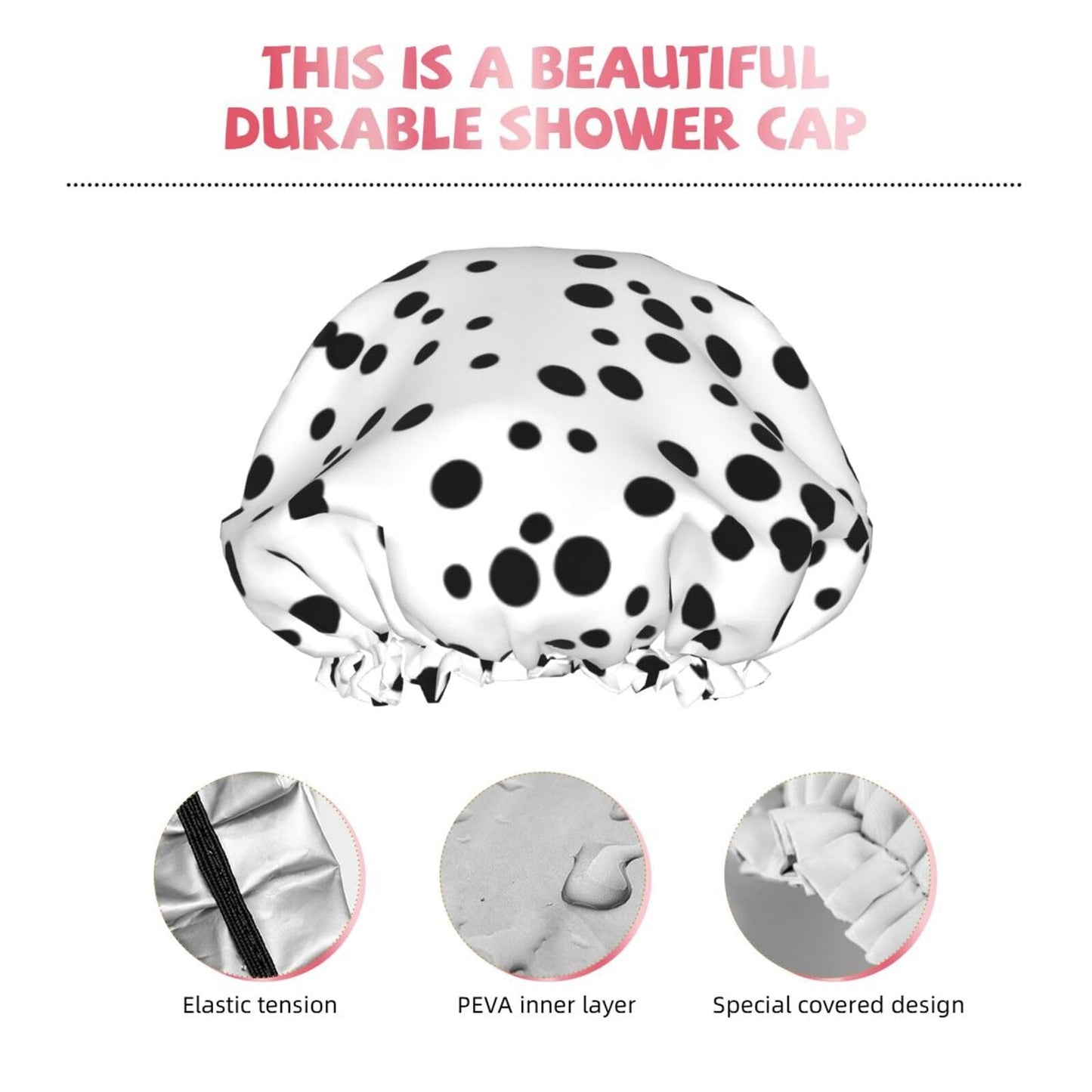 MYGANN Black And White Polka Dot Reusable Double Layer Waterproof Shower Cap With Elastic Cord For Home Cleaning Facial Care Shower Beauty and Personal Care MYGANN
