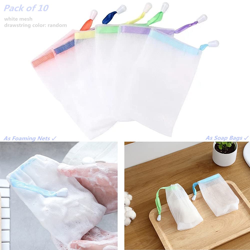 FULINJOY 10 PCS Exfoliating Mesh Soap Saver Pouch Bag Sack, Face Cleansing Foaming Nets, White Pouch with Drawstring (Color Random) Beauty & Personal Care FULINJOY
