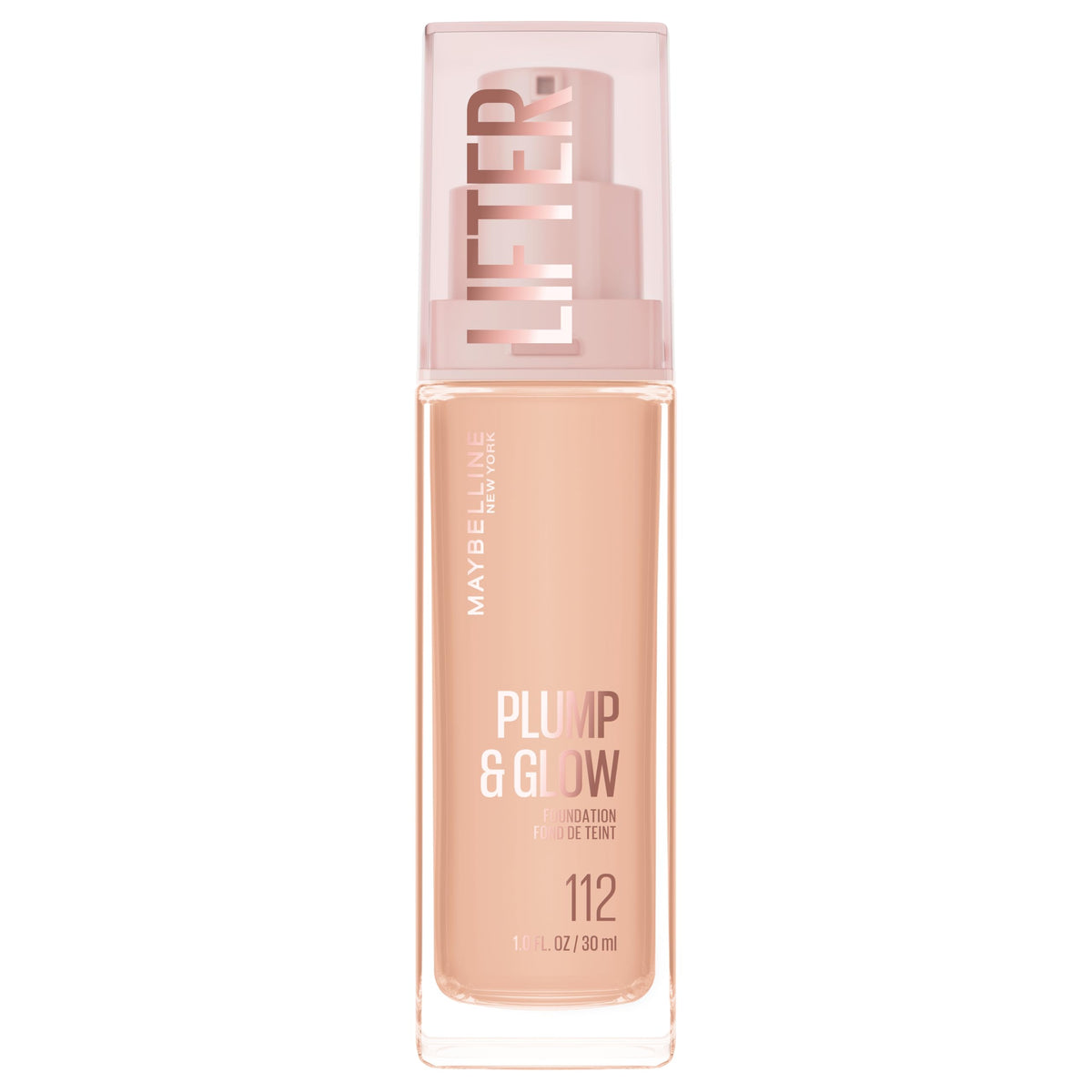 Maybelline Lifter Plump & Glow Foundation, Liquid Foundation with 2% Niacinamide + Hyaluronic Acid, Plumping and Brightening Face Makeup, 112, 1 Count