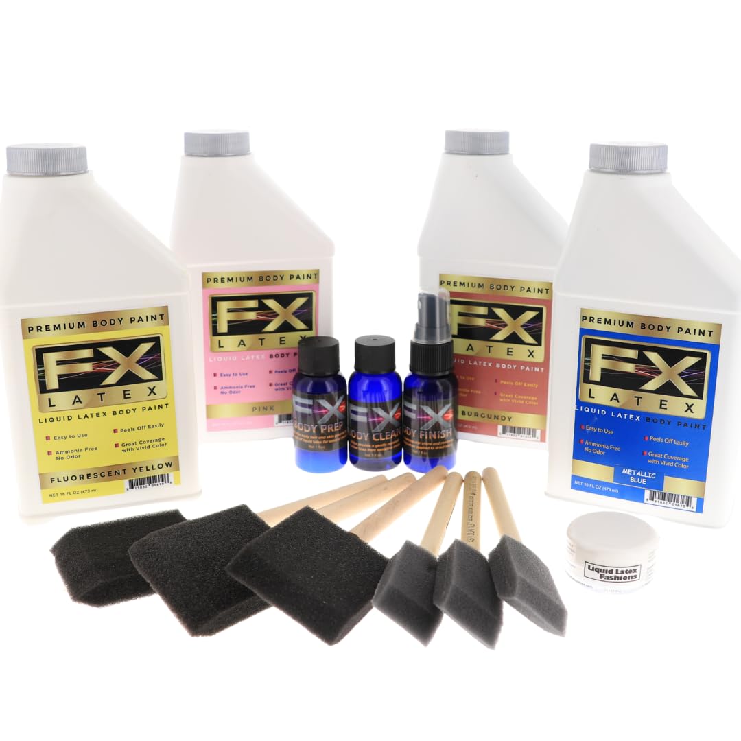 (4) 16oz Liquid Latex Build Your Own Pack + Brushes, Prep Kit, and Stardust- Fantasy Fun Body Paint Kit, Sports, Theater, Film, Makeup Beauty & Personal Care Liquid Latex Fashions