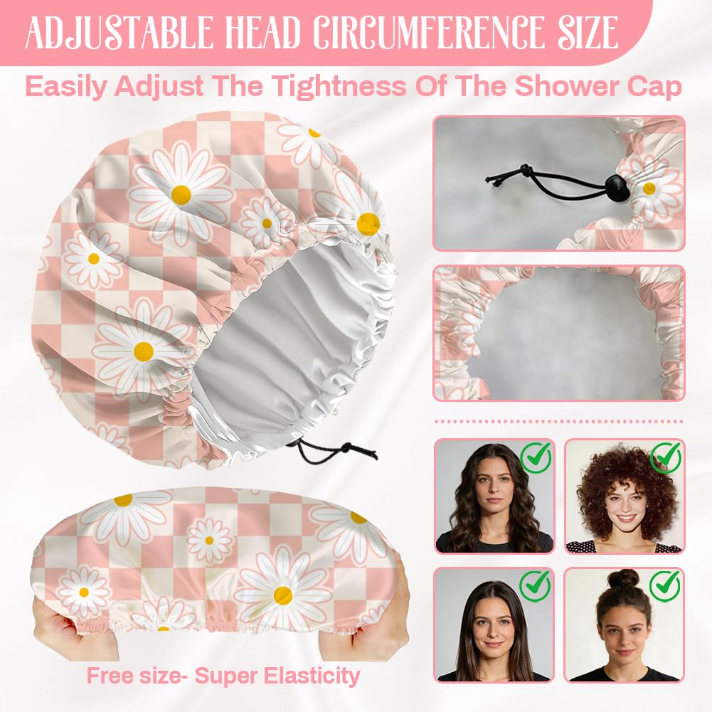 DELORIGIN Pink Daisy Reusable Shower Cap Buffalo Check Double Layer Waterproof Shower Caps Large Elastic Hair Cover Adjustable Hair - Drying Caps Beauty and Personal Care DELORIGIN