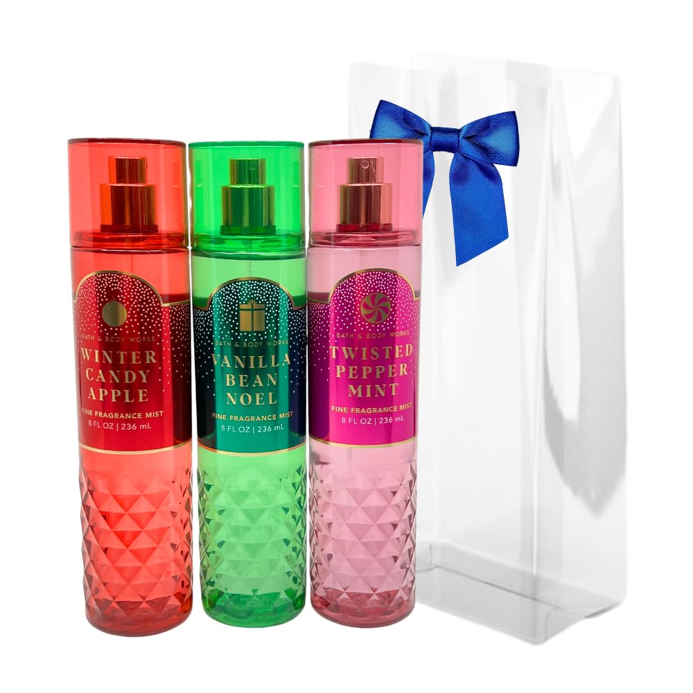 Bath & Body Works Fine Fragrance Mist - Winter Candy Apple, Vanilla Bean Noel, Twisted Peppermint - Gift Set with a Blue Bow for Holiday & Gifts Beauty and Personal Care Bath & Body Works
