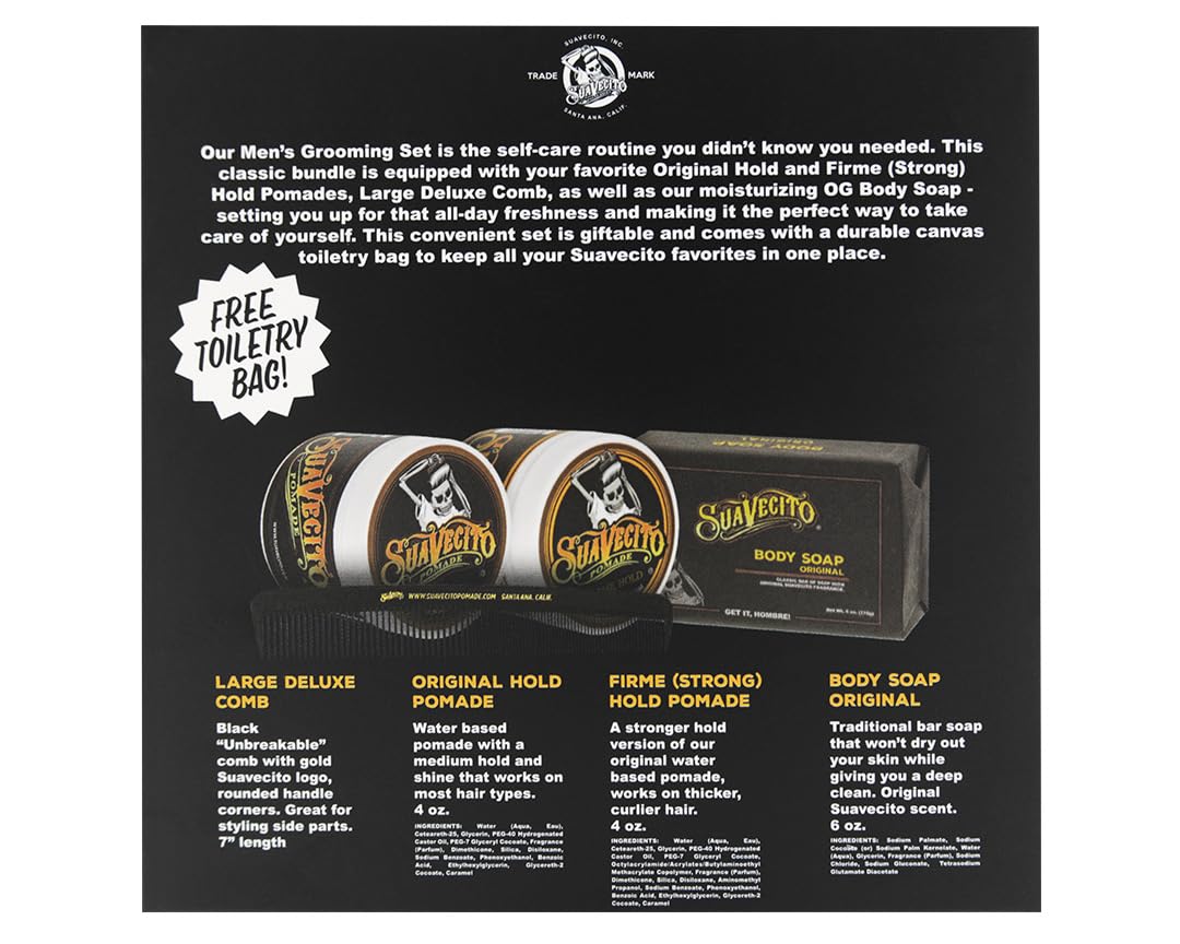 Suavecito Men's Hair Grooming Set OG & Firme (Strong) Hold Pomade, Body Soap, Large Deluxe Comb & Sand Canvas Bag Beauty & Personal Care Suavecito