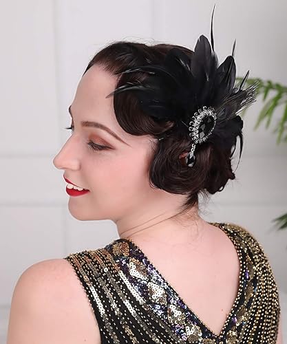 Aimimier 1920s Flapper Feather Hair Clip Black Roaring 20s Headpiece Costume Masquerade Hair Jewelry for Women and Girls (Style 1) Beauty & Personal Care Aimimier