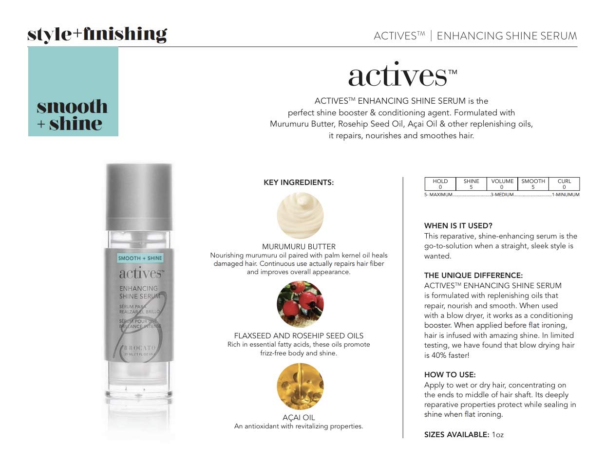 Brocato Actives Enhancing Shine Serum: Anti Frizz Smoothing Treatment for Damaged Hair - Leave In Product with Natural Oil to Repair / Control Dry Beauty & Personal Care Brocato