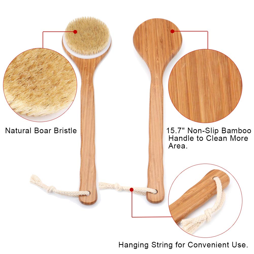 Shower Brush with Natural Bristle - Long Bamboo Handle Bath Body Brush for Wet or Dry Brushing - Improves Blood Circulation, Exfoliating Skin Beauty & Personal Care Lauliven