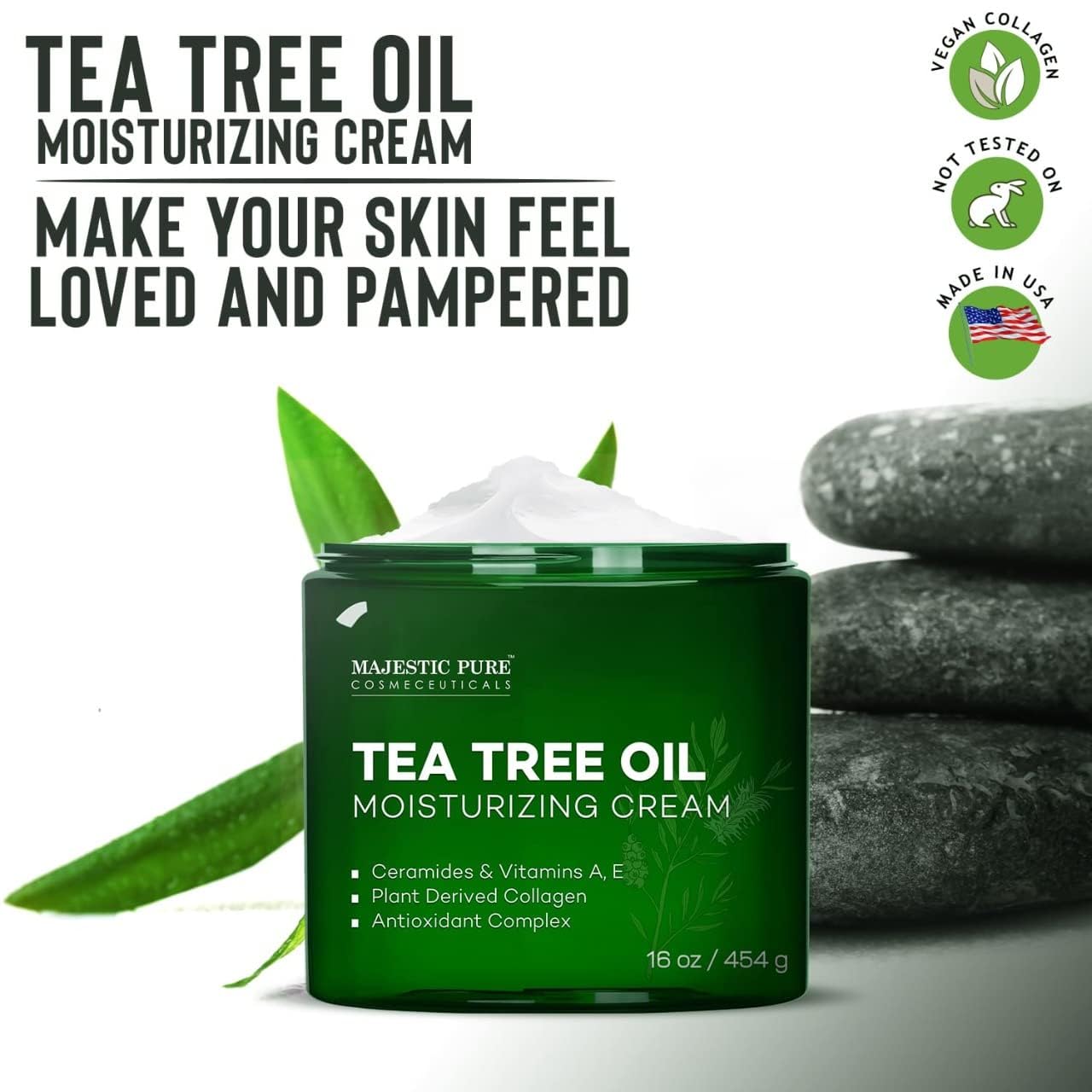 Majestic Pure Tea Tree Oil Moisturizing Cream - Body, Foot & Face Moisturizer - With Ceramides, Vitamins A E & Vegan Collagen - For Dry Skin, Oily Beauty & Personal Care Majestic Pure