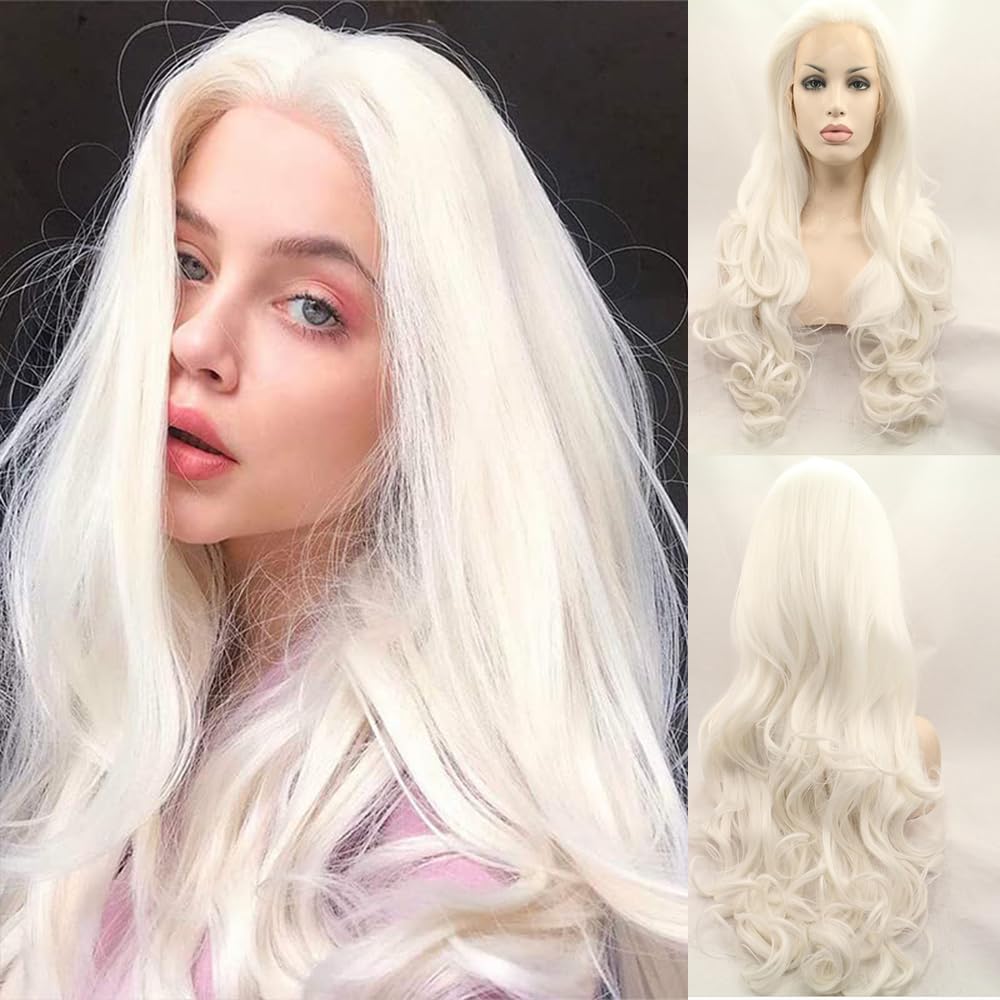 xiweiya 60# Platinum Blonde Wavy Lace Front Wig Long White Blonde Wavy Curly Synthetic Lace Front Wig White Queen Wig 13x3 Lace Wig Heat Resistant