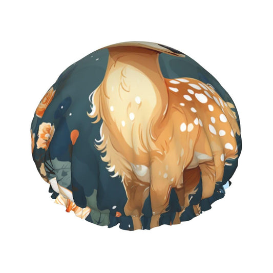 Cartoon Deer Flower Shower Cap For Women Reusable Double Layers Bathing Bath Cap Hair Caps Waterproof Elastic Band Ladies Spa Salon Shower Hat Hair Beauty and Personal Care GDSHJKLW