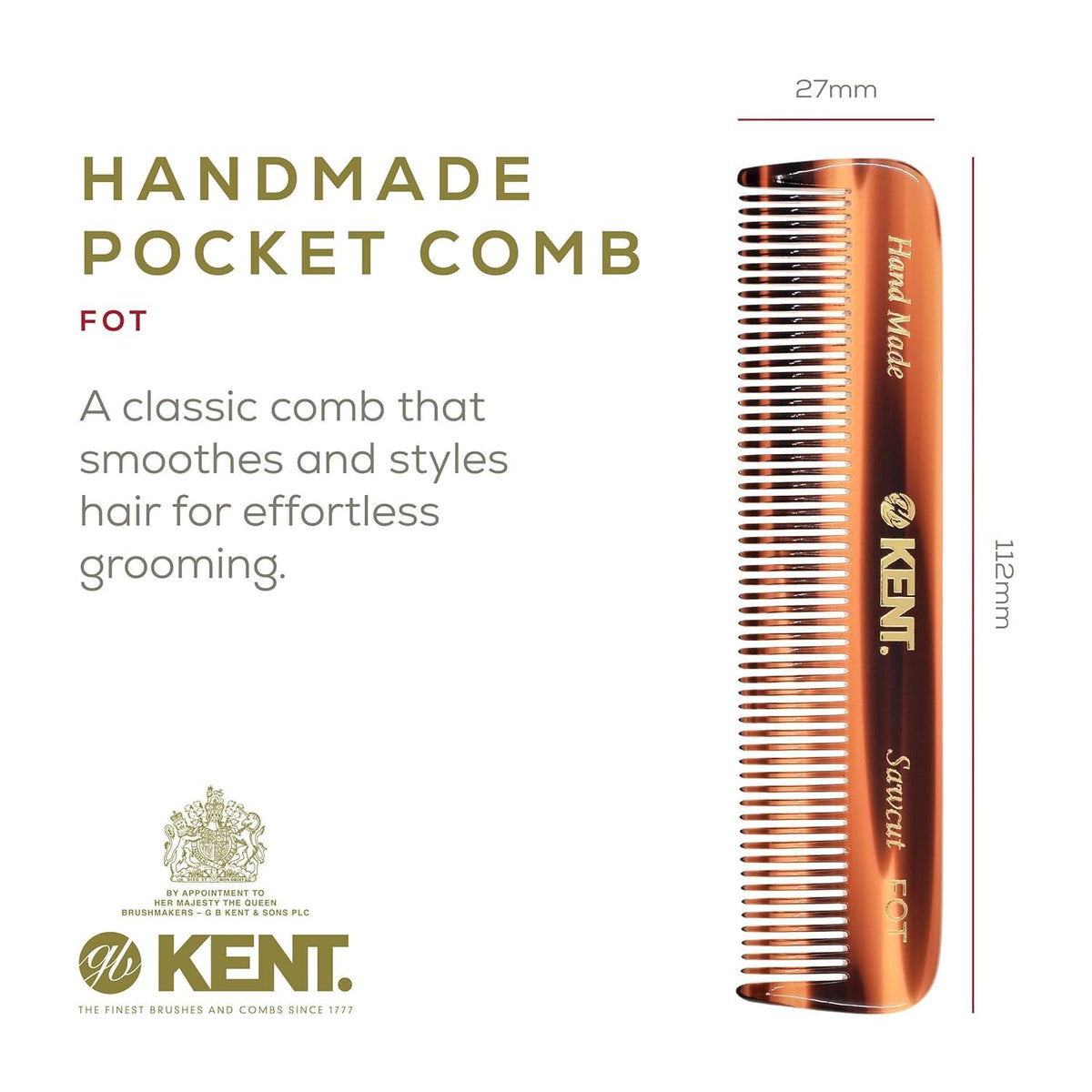 Kent A FOT Handmade Pocket Comb for Men, Women and Kids, All Fine Tooth Hair Comb Straightener for Everyday Grooming and Styling Hair, Beard and