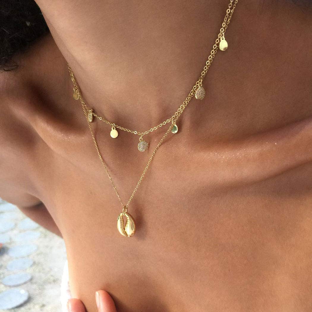 LittleB Boho Layered Shell Pendant Necklace Gold Sequins Necklaces Chain Jewelry for Women and Girls Beauty & Personal Care LittleB