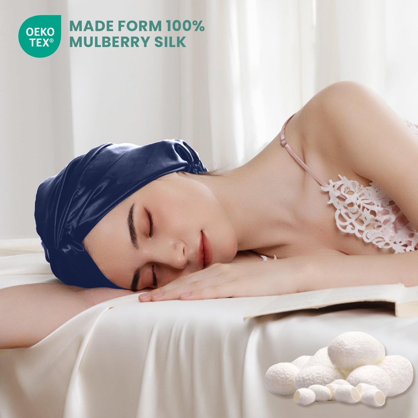 THXSILK 100% Mulberry Silk Bonnet for Sleeping Women Sleep Bonnet with Elastic Band Long Curly Hair Bonnet for Sleeping Women, Navy Blue Beauty and Personal Care THXSILK