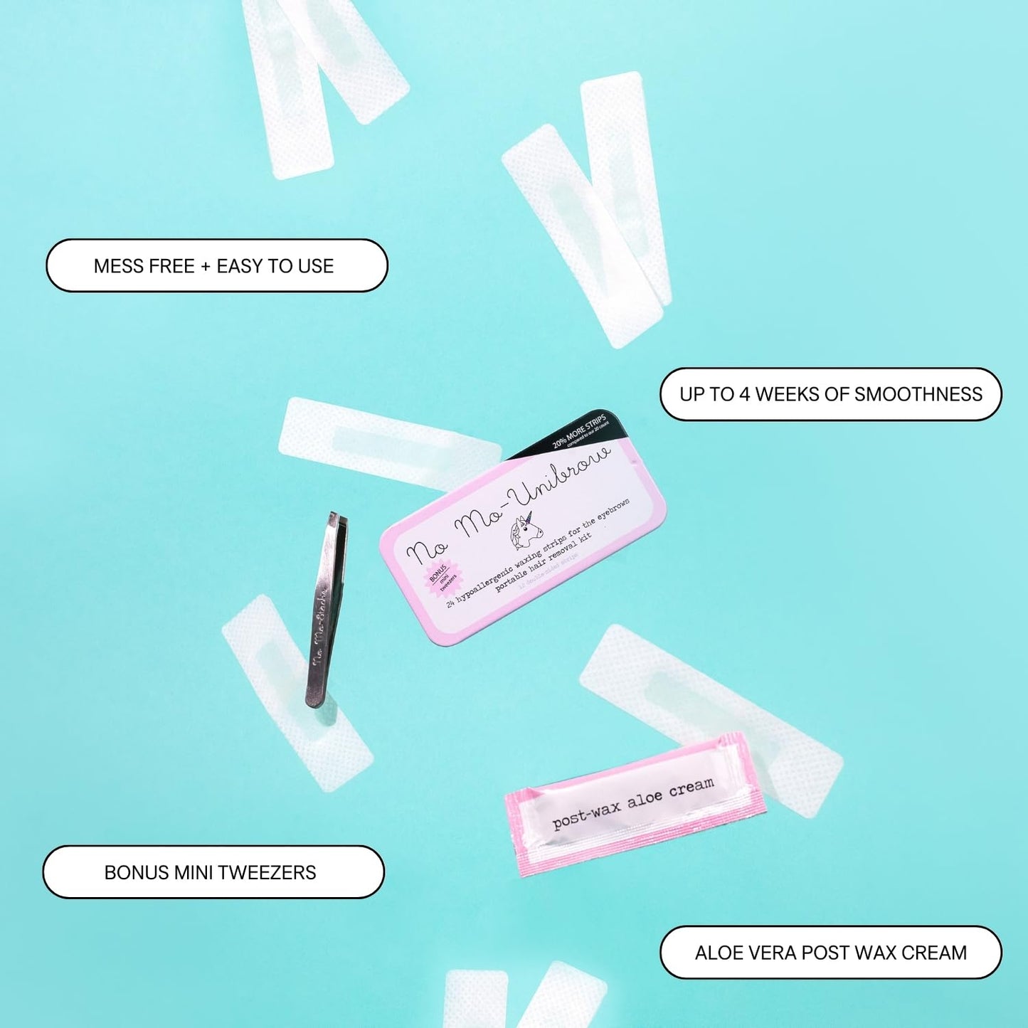 No Mo-Unibrow hair removal waxing kit: wax strips and mini tweezers for the face and brows, 24 individual strips. AS SEEN ON SHARK TANK! Beauty and Personal Care No mo-stache
