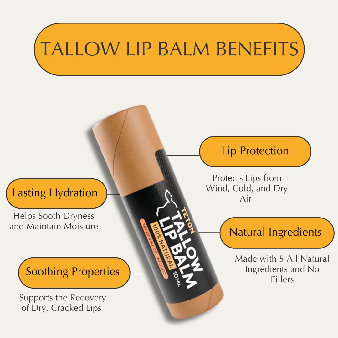 Teton Grass Fed Tallow Lip Balm with Beeswax & Jojoba Oil - Deep Moisturizing Lip Care with Vitamin E & Tangerine Oil - Smooth, Nourishing Lip Balm Beauty and Personal Care TETON