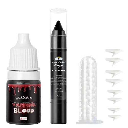 Vampire Fangs Kit with Black Lipstick & Fake Blood - 4 Pairs 4 Sizes SFX Fake Teeth, Vampire Blood & Goth Lipstick for Halloween Cosplay Makeup Beauty & Personal Care Js2U ZW