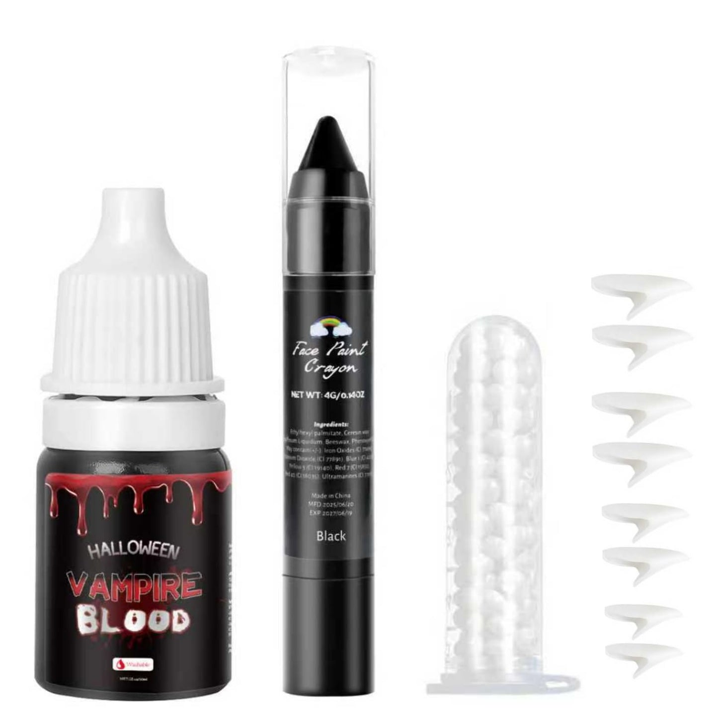 Vampire Fangs Kit with Black Lipstick & Fake Blood - 4 Pairs 4 Sizes SFX Fake Teeth, Vampire Blood & Goth Lipstick for Halloween Cosplay Makeup Beauty & Personal Care Js2U ZW