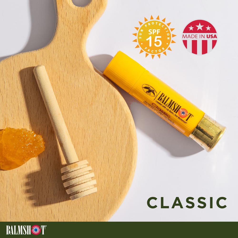 BALMSHOT Classic Natural Lip Balm SPF 15 - Beeswax Chapstick with Natural Oils & Vitamin E - 20-Gauge Shotgun Shell Brass Tube - Long Lasting, Heat Beauty & Personal Care Balmshot