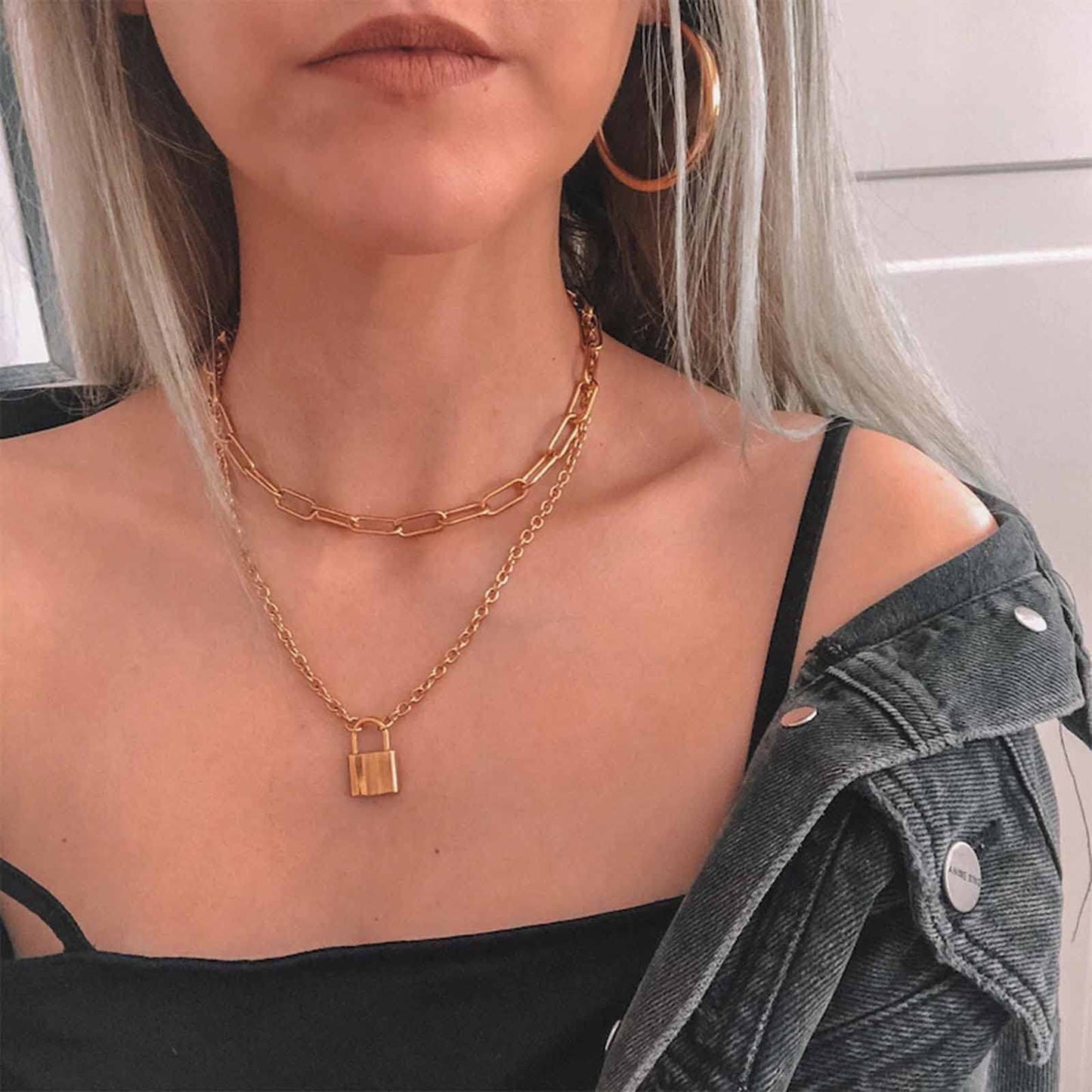 Yheakne Punk Layered Lock Choker Necklace Gold Padlock Pendant Necklace Chunky Paper Clip Chain Necklace Vintage Statement Necklace Chain Jewelry Beauty & Personal Care Yheakne
