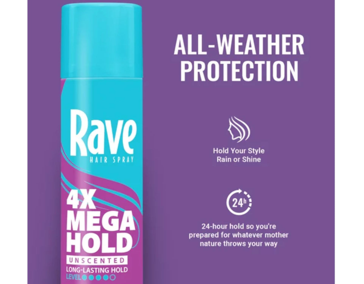 Rave Hairspray 4X Mega Unscented 11oz - Pack of 8