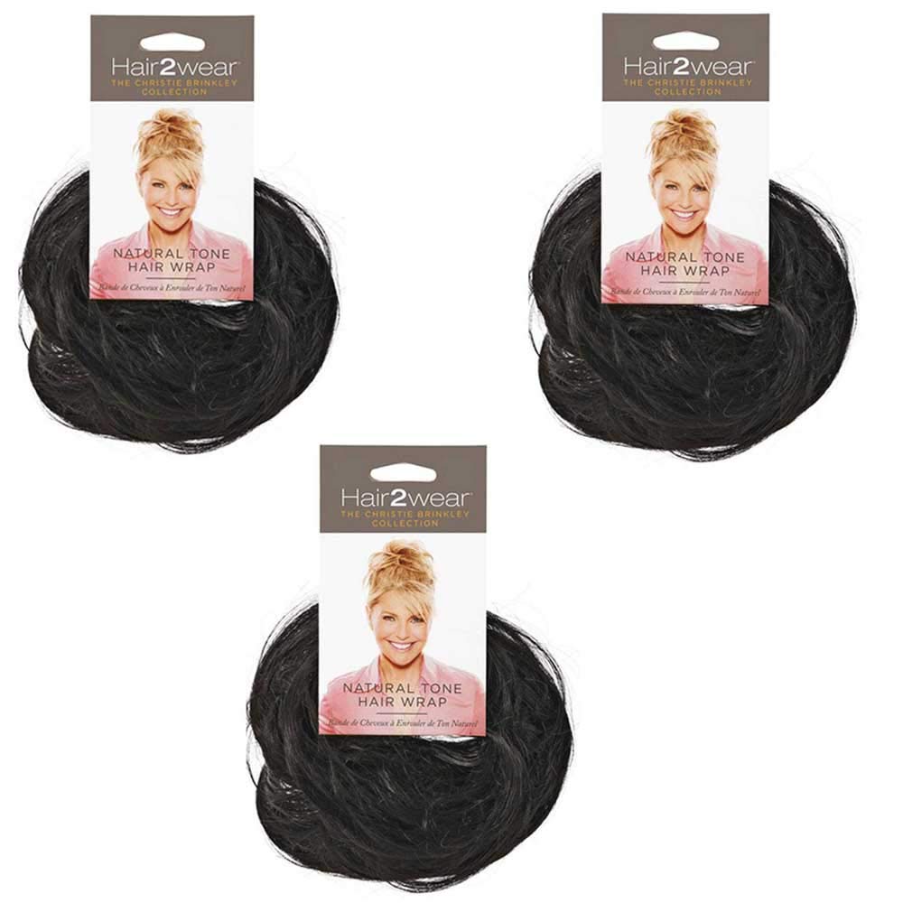 Hair2wear Natural Tone Hair Wrap HT2 Black (3 Pack) - 6" Overall Length Women Scrunchie Christie Brinkley Synthetic Straight Curly Piece Band Fun Bun