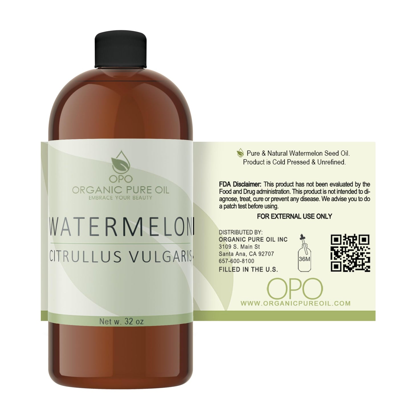 Watermelon Seed Oil - 32 oz - 100% Pure, Unrefined, All Natural, Non GMO, Bulk, Organically Sourced, Vegan, Carrier Oil for Face Scalp Hair Skin Nails Beauty & Personal Care OPO