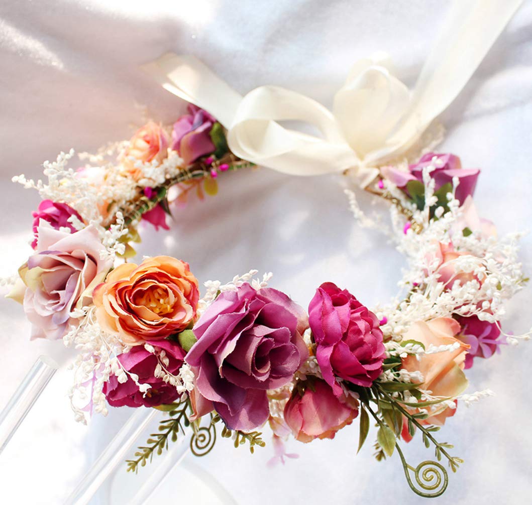 LLinfflr Floral Garland Crown Rose Headband Flower Halo Headpiece Rosy