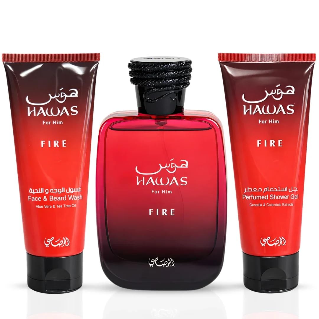 RASASI Hawas Fire For Men 3 Piece Gift Set Eau De Parfum Spray, Face & Beard Wash & Shower Gel 100ml (3.4 Oz) Beauty & Personal Care RASASI