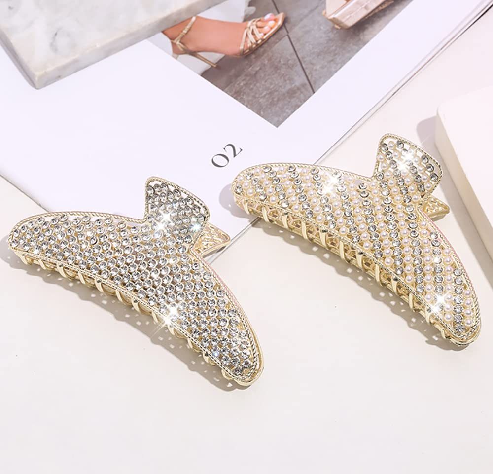 2 Pack Large Rhinestone Hair Clips, Crystal Pearl Hair Claw Clips, Black Gold Jumbo Jaw Clip, Nonslip Hair Claw for Thick Long Hair, Fashion Hair Beauty & Personal Care XinMerry