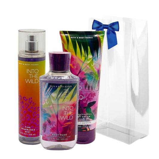 Bath & Body Works INTO THE WILD Fine Fragrance Mist, Ultimate Hydration Body Cream & Body Wash 3-piece Gift Set with a Blue Bow for Holidays - Full Beauty and Personal Care Bath & Body Works