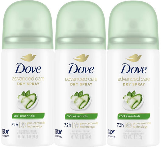 Dove Advanced Care Cool Essentials Antiperspirant & Deodorant Dry Spray Travel Size 1 oz - Mini, 72 Hour Protection, Pro-Ceramide Technology, Cool Beauty and Personal Care Dove