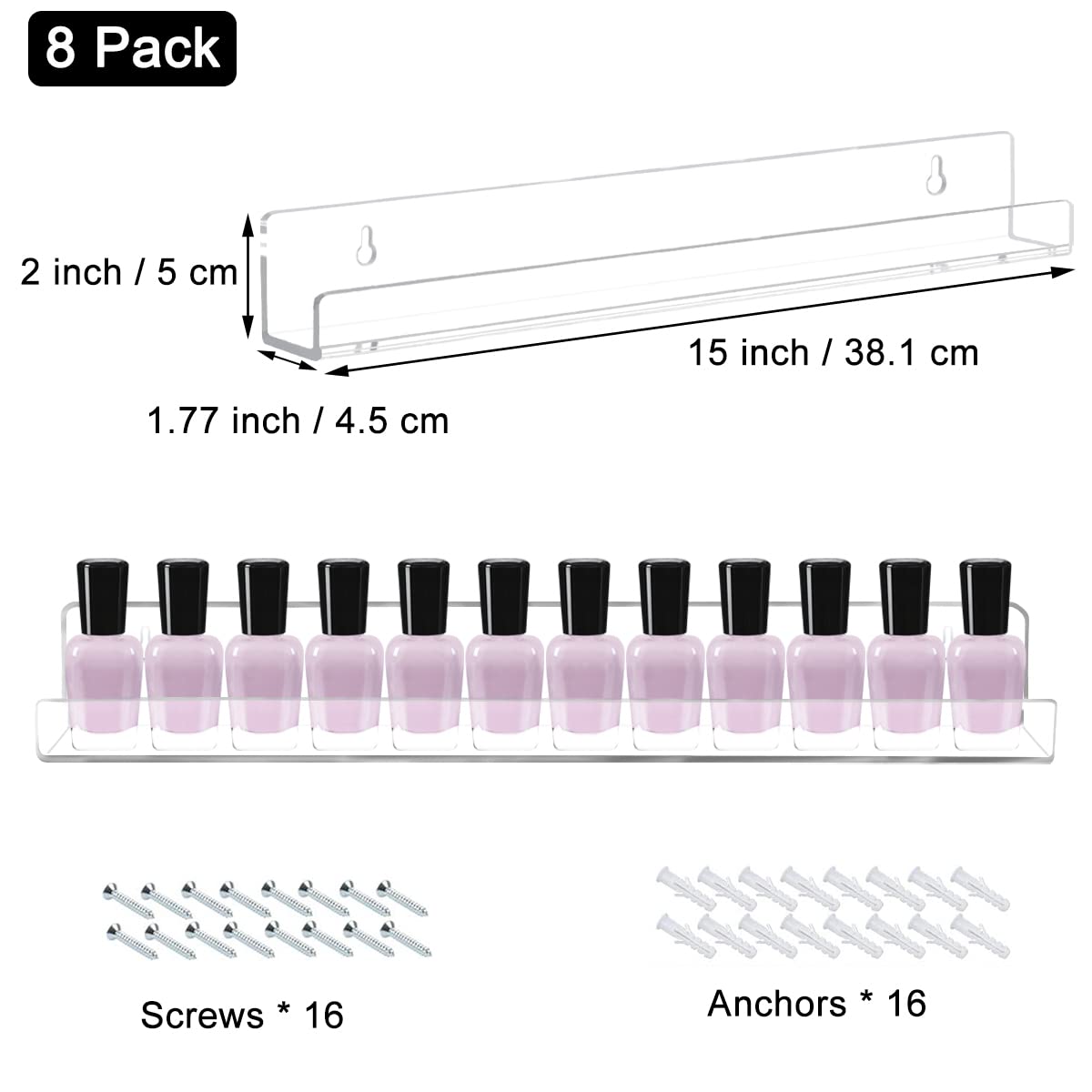 Cerpourt 8 Pack Wall Mounted Shelf,Clear Acrylic Nail Polish Organizer Display, Wall Rack Nail Supplies for Nail Techs Beauty & Personal Care Cerpourt