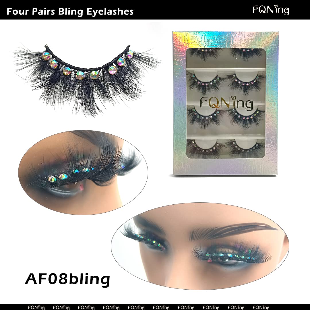 False Eyelashes with Glitter Rhinestones On, Bling Lashes 2023 Sparkle Full Strip Mink Eyelash 4 Pairs… (AF08bling) Beauty & Personal Care FQNing