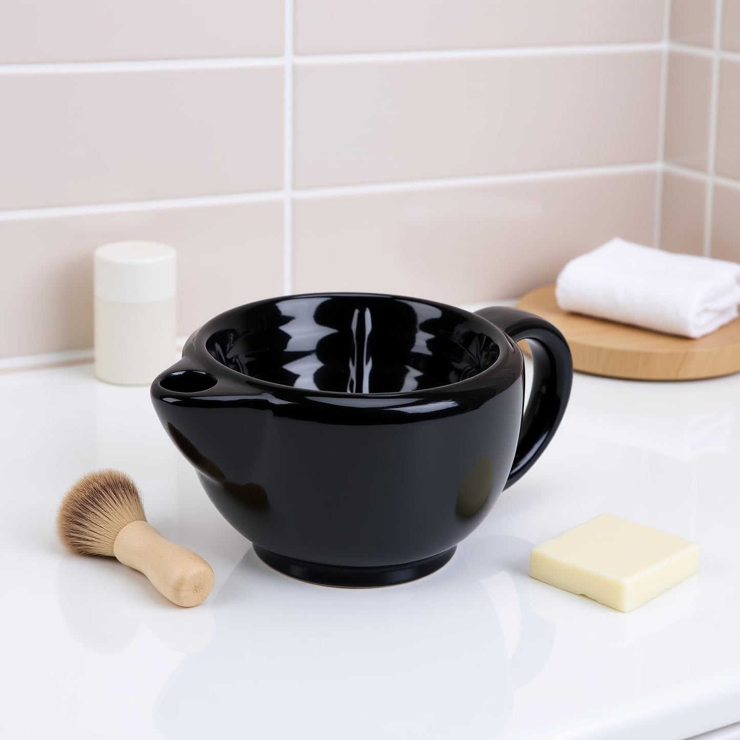LICAEVEY Double Walled Ceramic Shaving Bowl, Heat Retention Lather Bowl with Wide Mouth & Textured Interior, Large Handle Shaving Mug for Men, Hot Beauty and Personal Care LICAEVEY