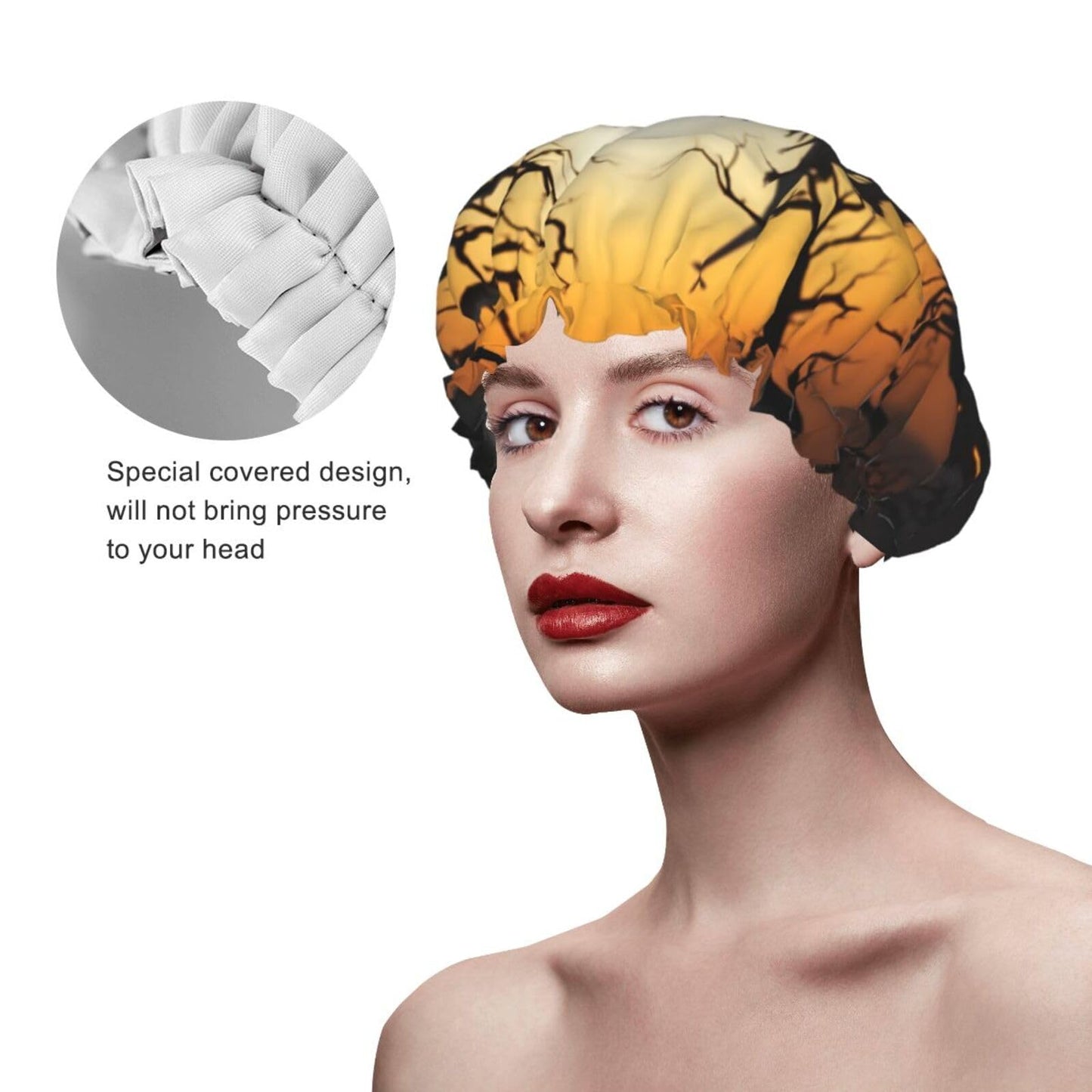 Halloween Pumpkin Shower Cap For Women Reusable Double Layers Bathing Bath Cap Hair Caps Waterproof Elastic Band Ladies Spa Salon Shower Hat Hair Caps Beauty and Personal Care GDSHJKLW