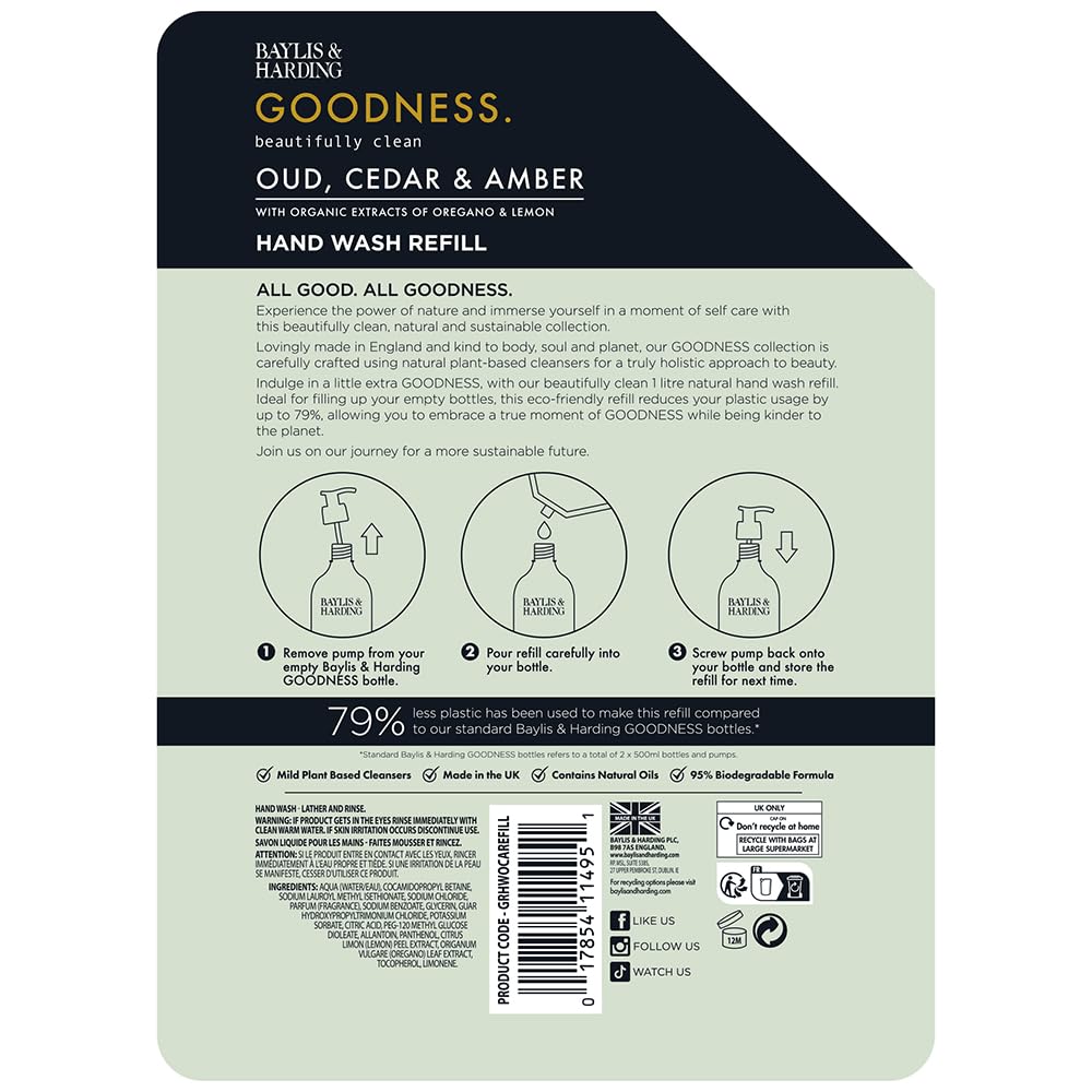 Baylis & Harding Liquid Hand Soap Refills, Goodness, Oud Cedar & Amber, 1 Liter Beauty & Personal Care Baylis & Harding