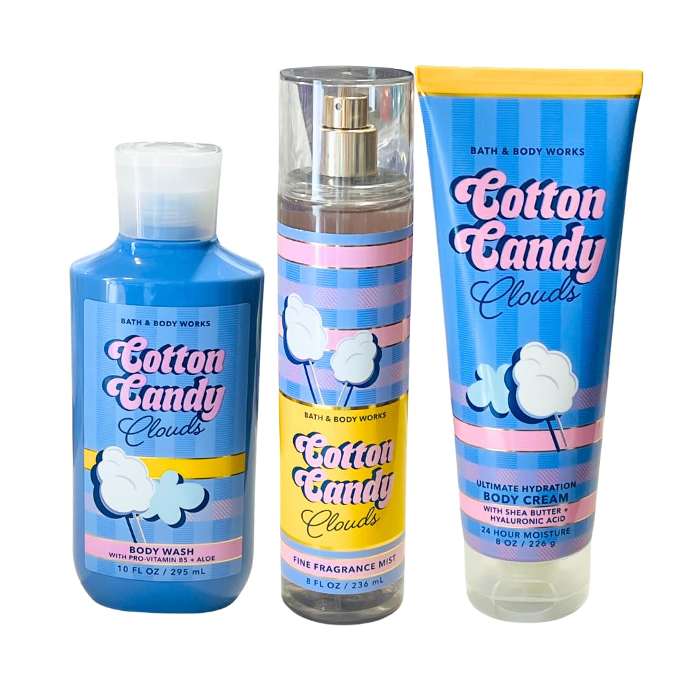 Bath & Body Works COTTON CANDY CLOUDS Fine Fragrance Mist, Ultimate Hydration Body Cream & Body Wash 3pc Gift Set with a Red Bow for Holidays - Full Beauty and Personal Care Bath & Body Works