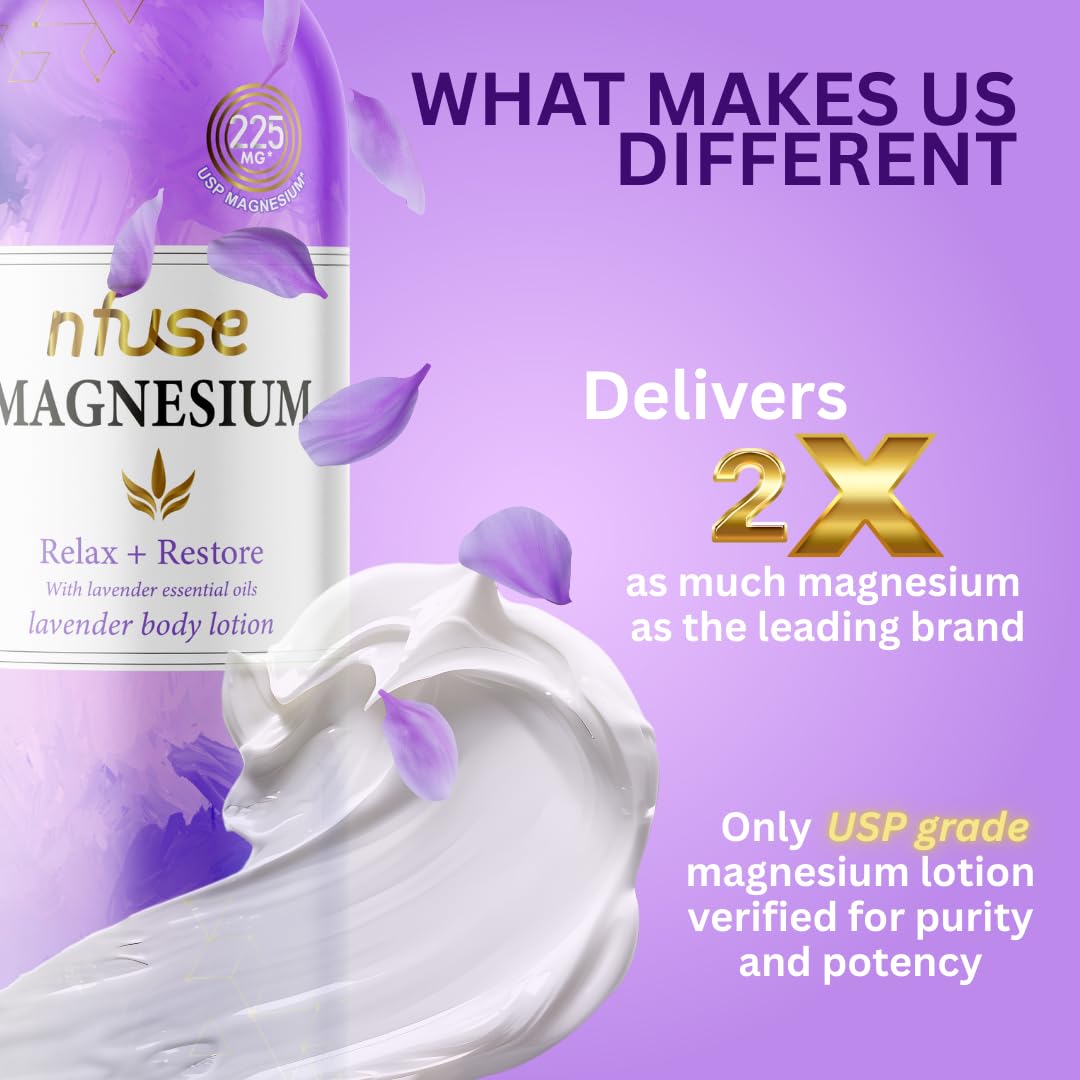 nfuse Magnesium Lotion - 225 mg USP Magnesium Chloride, Lavender Essential Oils, Fast Absorbing, Calming, Stress Relief & Muscle Relaxation - Natural Beauty & Personal Care nfuse